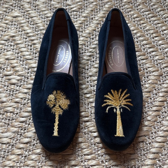 Stubbs & Wootton Black Loafers with Gold Palm Embroidery